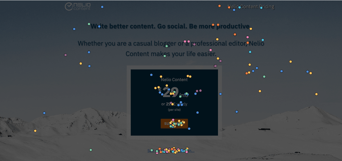 Fragmento del confeti en la página de precios de Nelio Content.