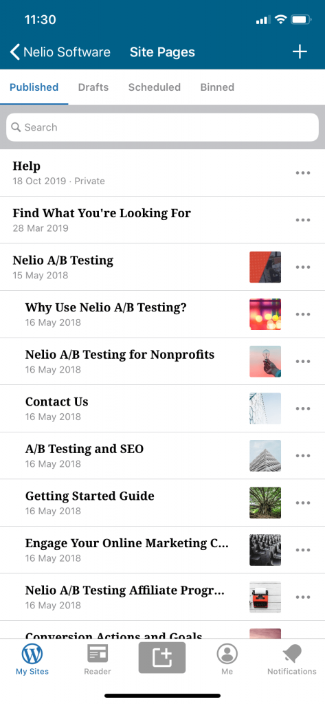 iPhone용 WordPress 앱의 페이지 목록