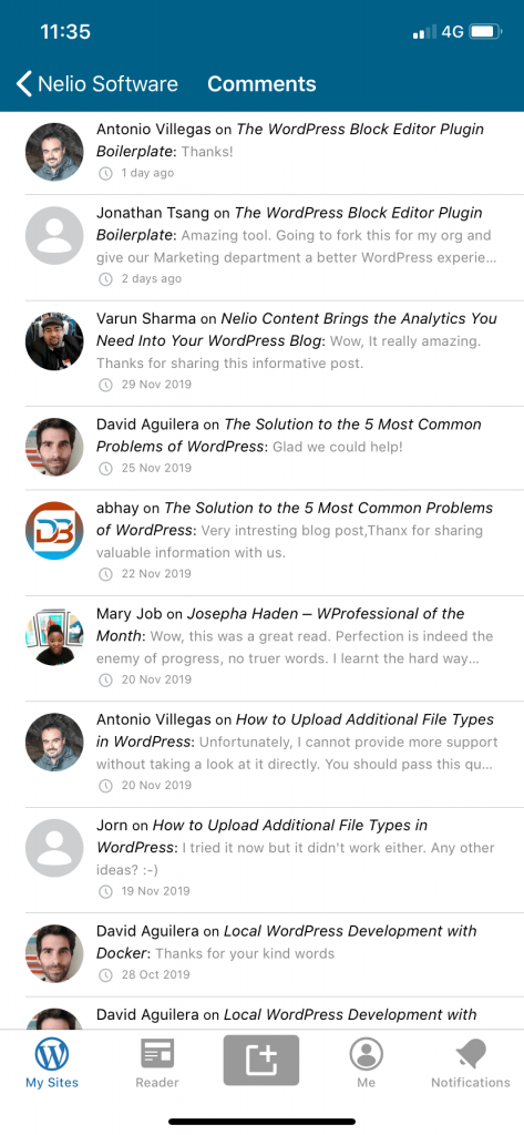 iPhone용 WordPress 앱의 댓글 목록