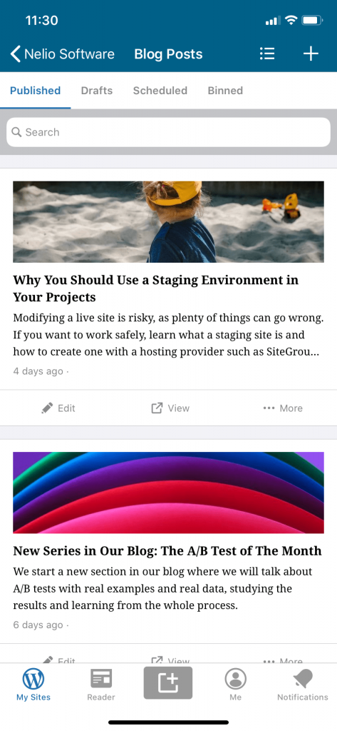iPhone용 WordPress 앱의 블로그 항목 목록