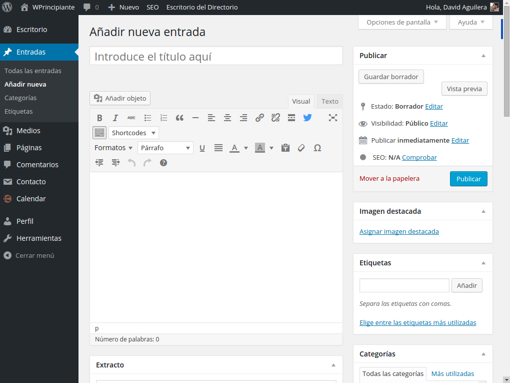 기본 WordPress 게시물 편집기의 스크린샷.
