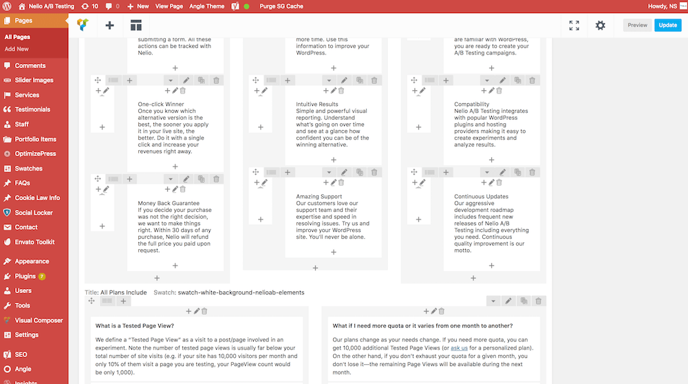 Visual Composer(현재 WordPress용 WPBakery Page Builder로 알려짐)에 의해 추가된 편집 레이어가 있는 WordPress 페이지 편집기.