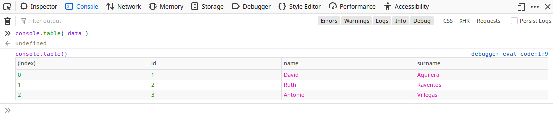 데이터를 테이블로 포맷하기