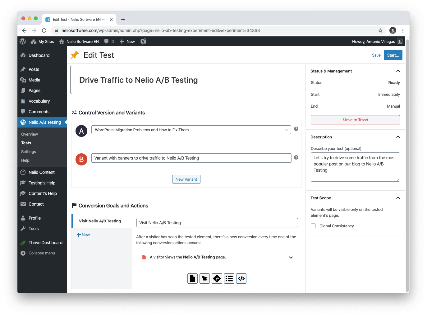 為英文帖子創建 A/B 測試的頁面。這裡的目標是訪問 Nelio A/B 測試產品頁面。