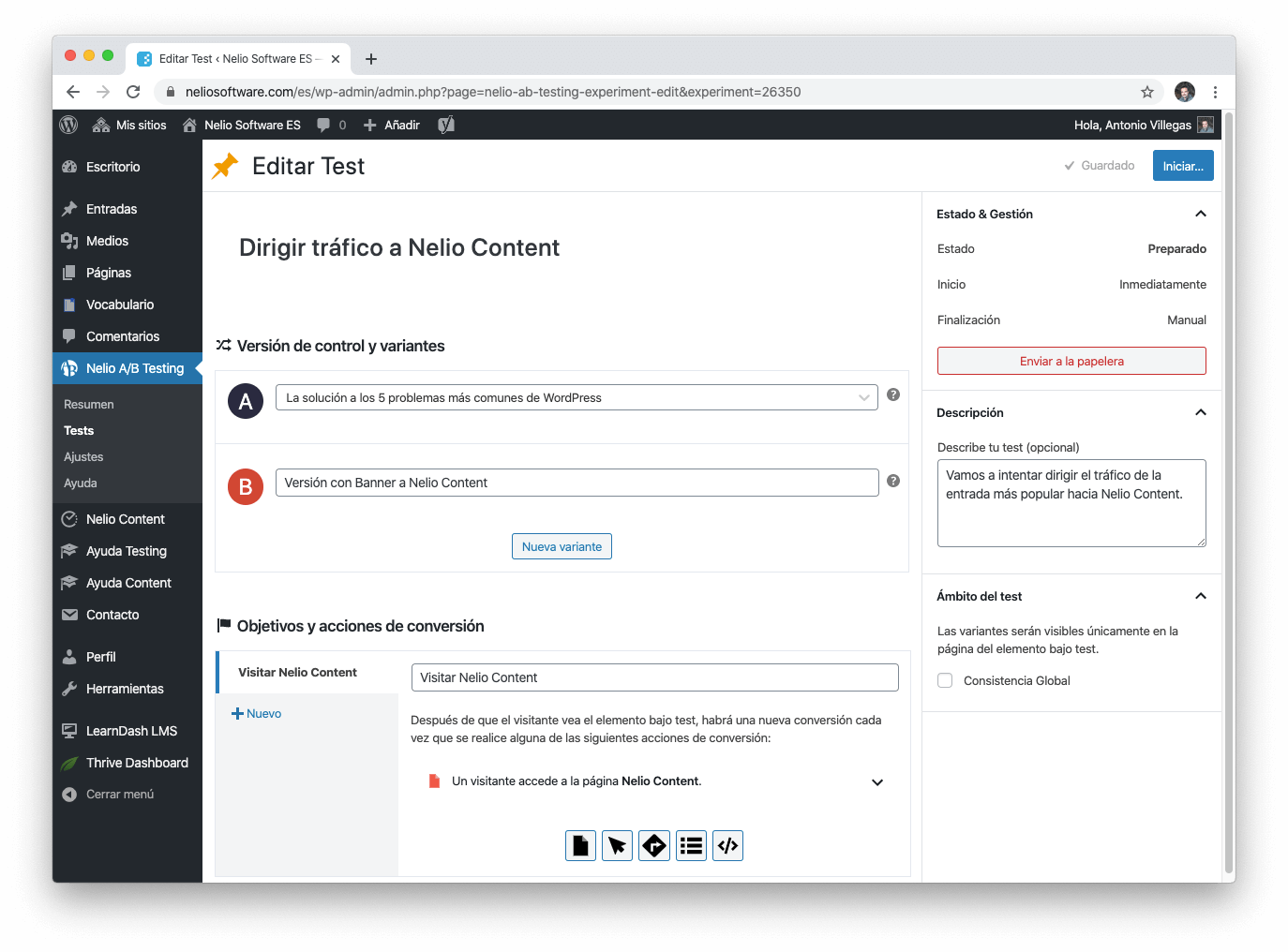 頁面來創建一個新的帖子測試，其中包含我們想要在西班牙網站進行 A/B 測試的配置。