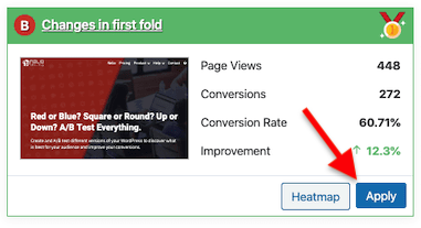 Tangkapan layar UI Pengujian A/B Nelio untuk menerapkan varian pemenang dari pengujian terpisah