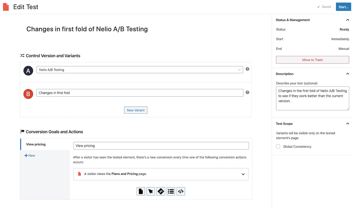 Edit layar pengujian yang kami buat dengan Nelio A/B Testing untuk menguji perubahan di lipatan pertama halaman arahan kami.