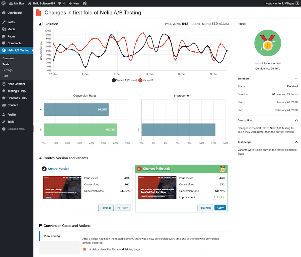 Hasil pengujian A / B membandingkan perubahan pada halaman beranda Pengujian A / B Nelio dalam bahasa Inggris.