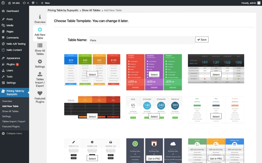 Supsystische Preistabellenvorlagen.