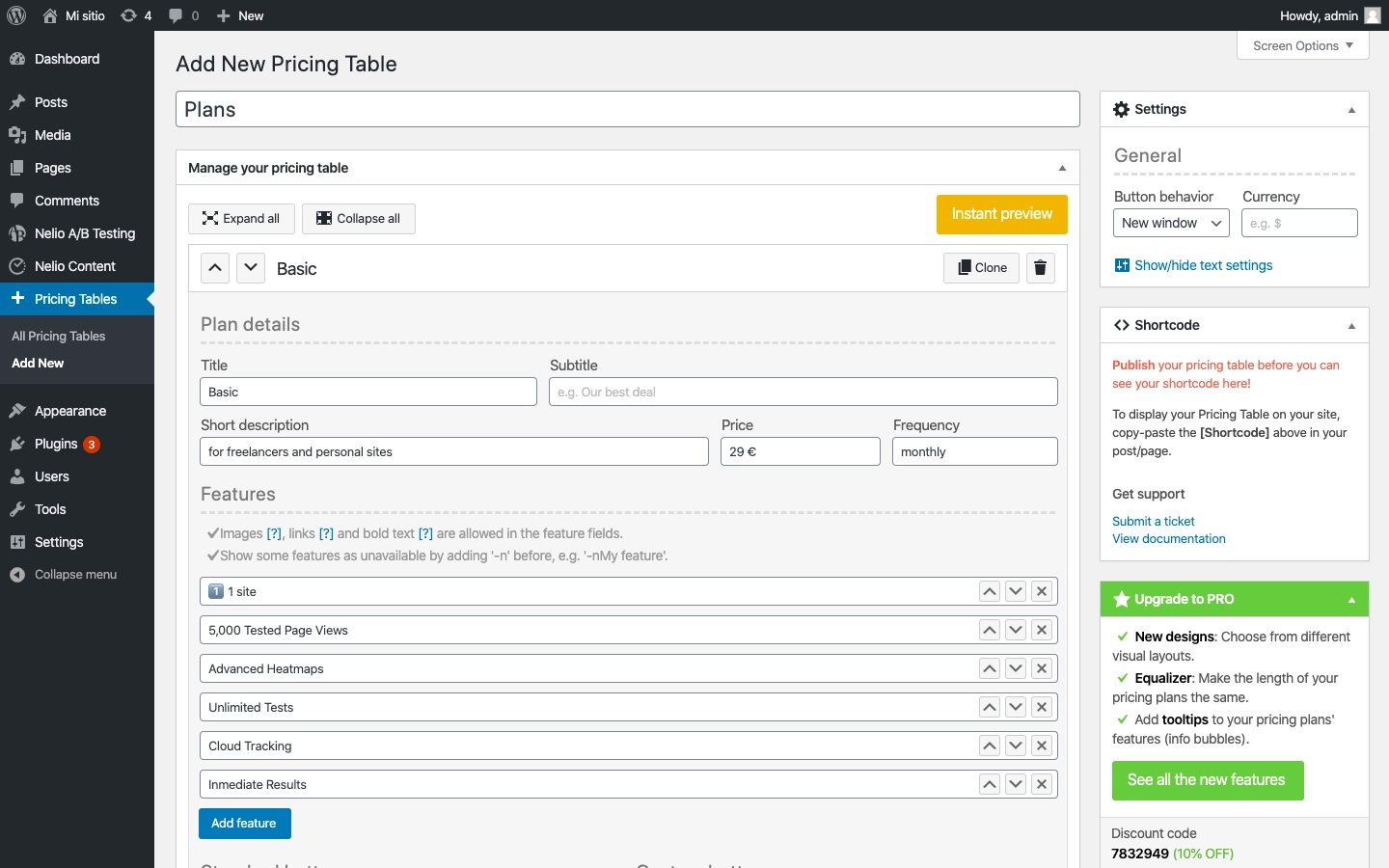 Editor des Responsive Pricing Table-Plugins.