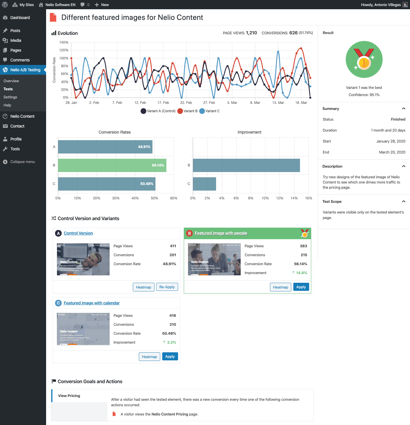 نتائج اختبار A / B في النسخة الإنجليزية من الويب.