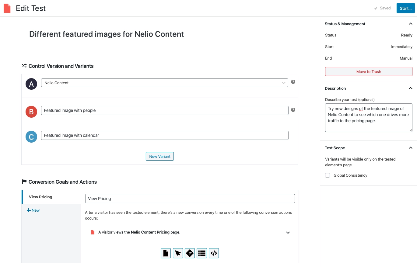 تعريف اختبار A / B لتجربة صور مميزة مختلفة على الصفحة.