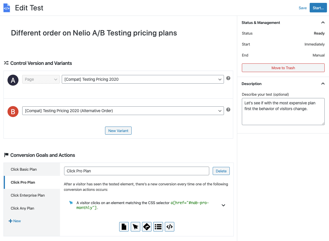 Экран для создания теста шаблона WordPress с помощью Nelio A/B Testing.