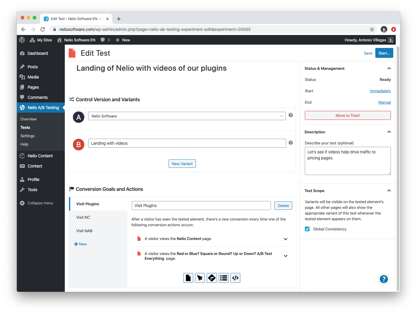 使用 Nelio A / B 测试配置页面测试，以使用视频而不是静态图像测试替代版本。