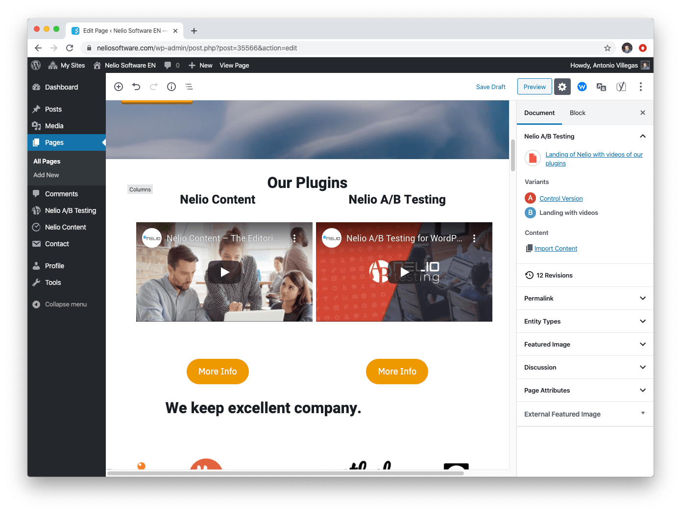 使用块编辑器编辑 Nelio Software 主页以将原始块更改为替代块非常容易。