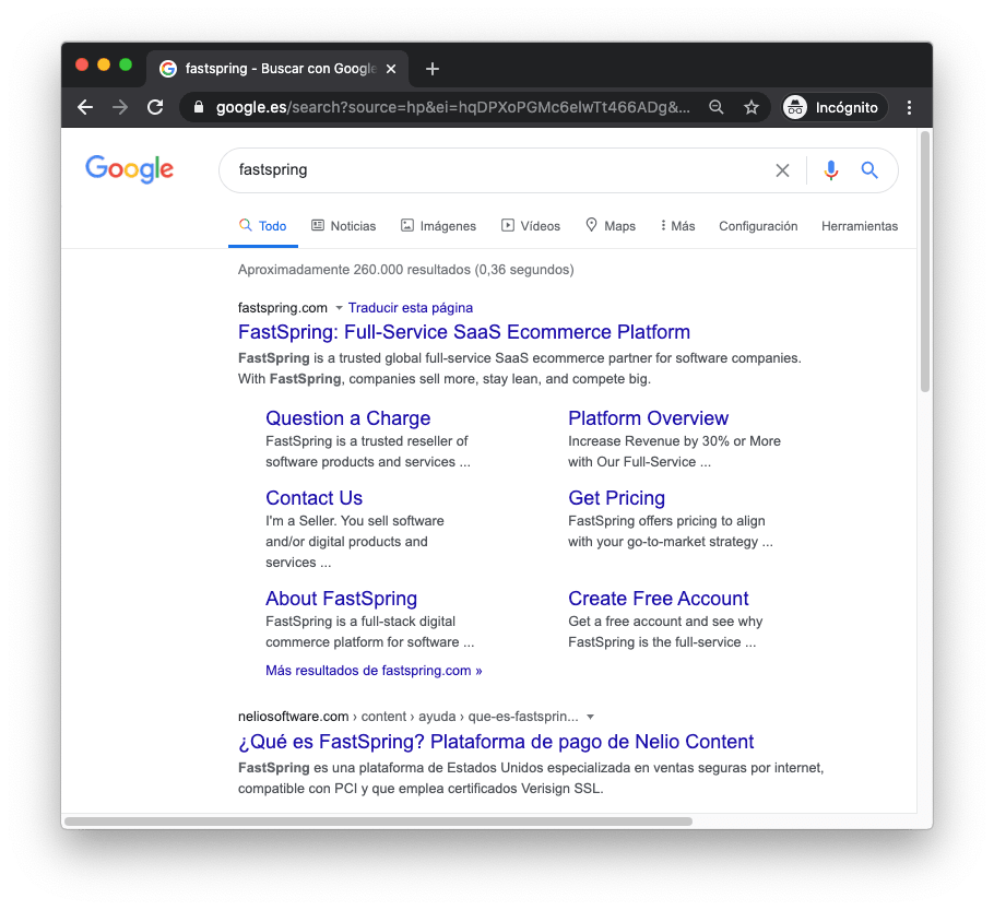 在 Google 西班牙,FastSpring 的第一个搜索结果是我们!