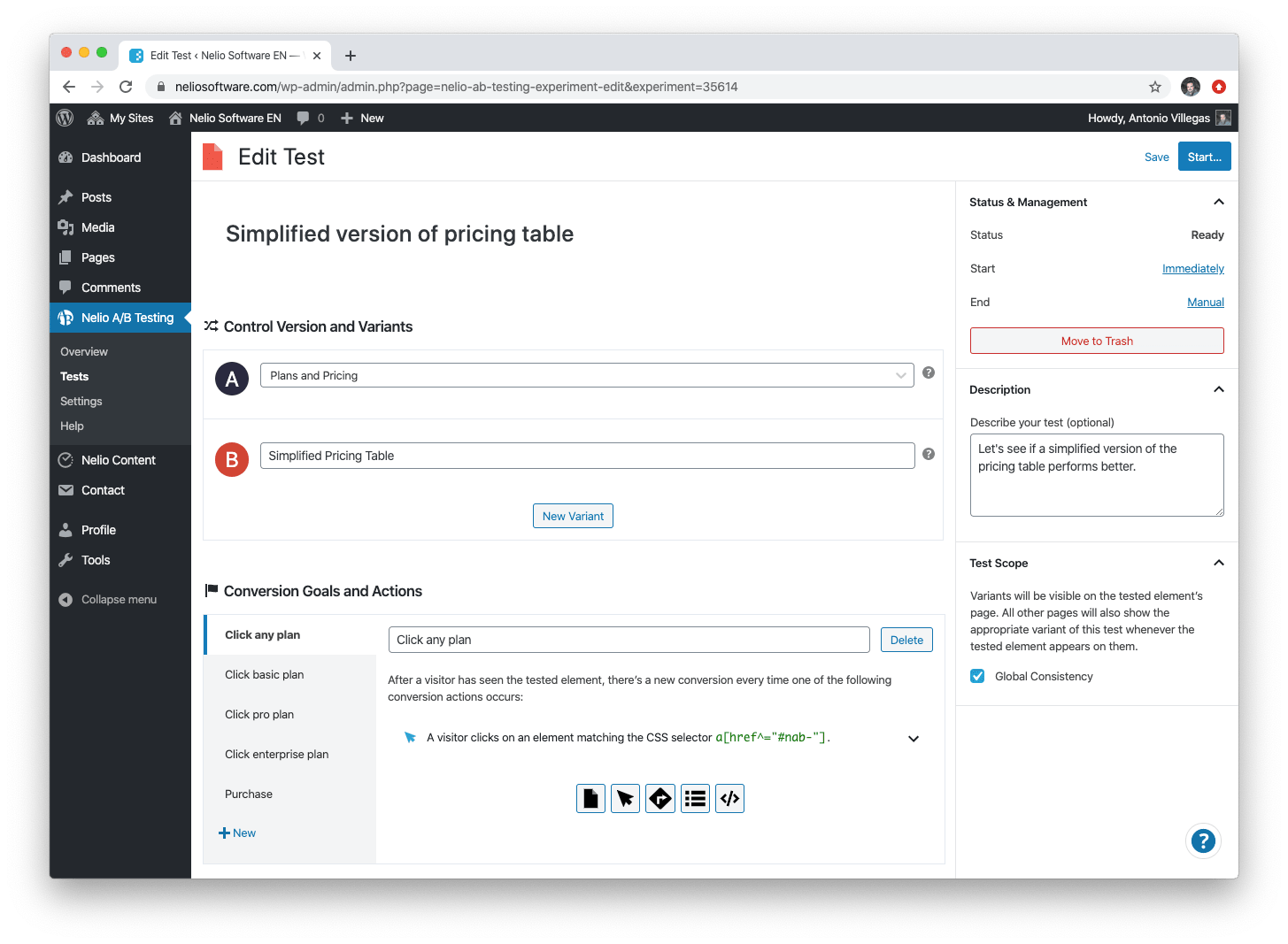 Экран редактирования A/B-теста для тестирования упрощенной версии таблицы цен.