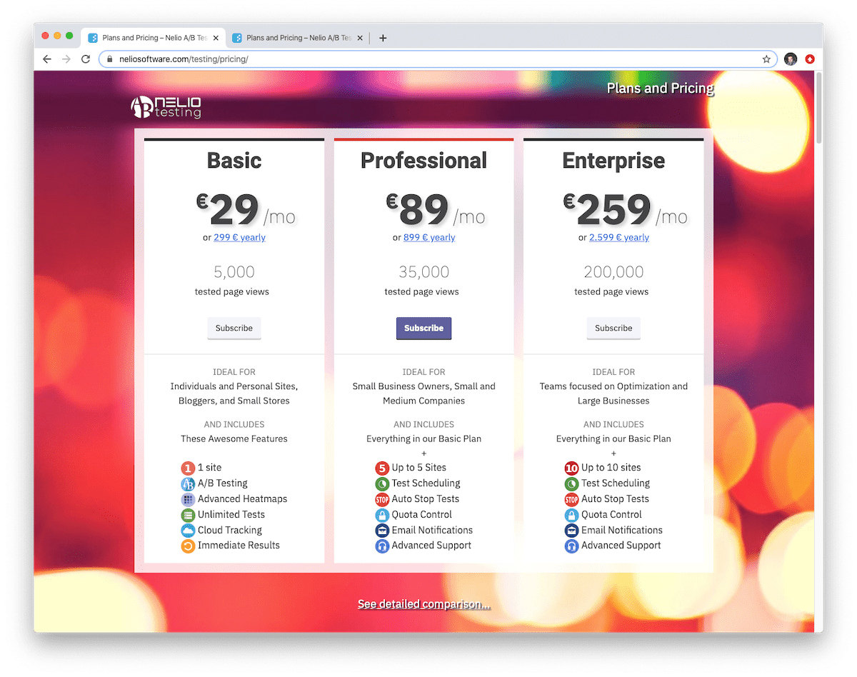 Исходная версия таблицы цен на Nelio A/B Testing.