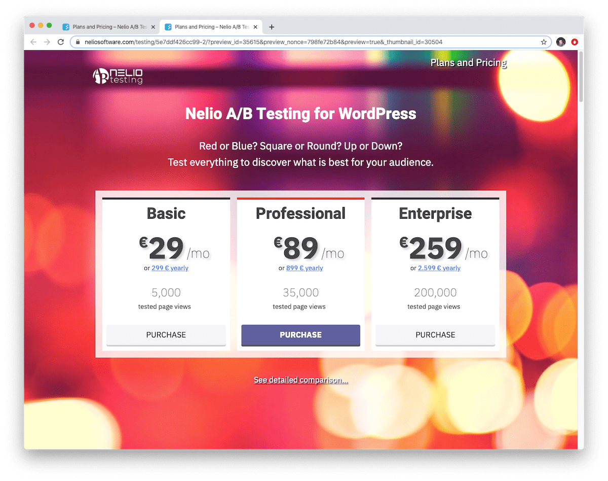 Упрощенная версия таблицы цен на Nelio A/B Testing.