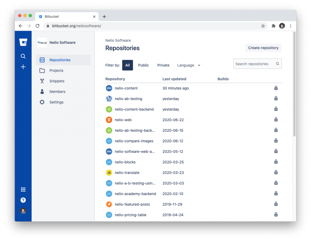 共有コードリポジトリのリストを含むBitbucketの表示。
