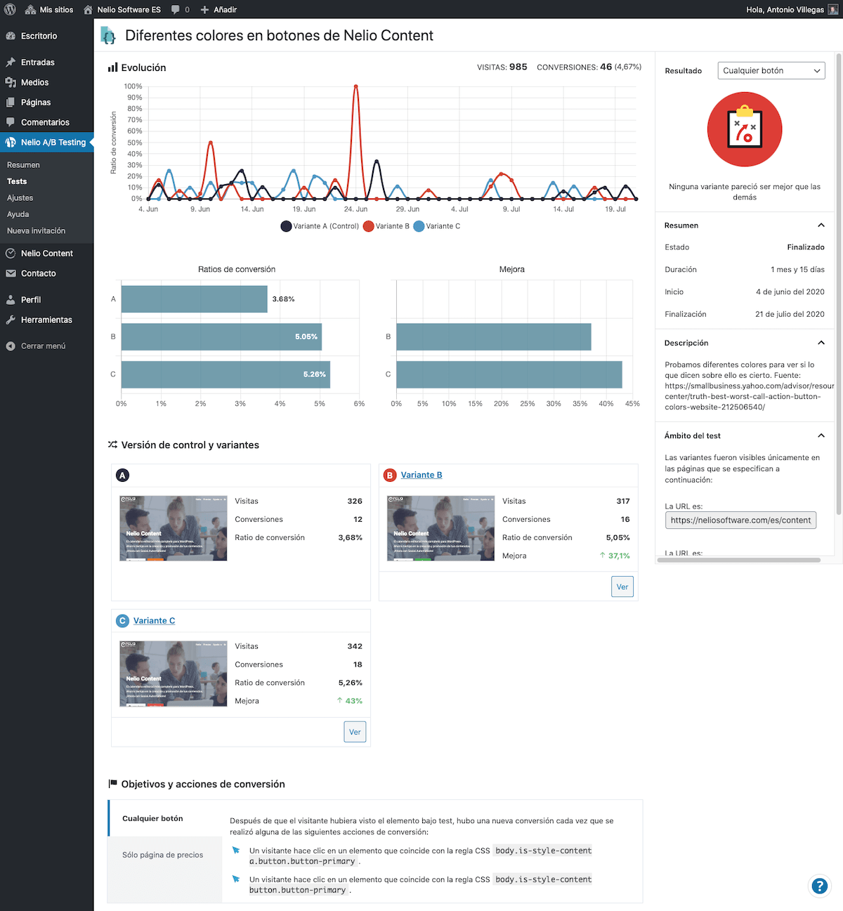 Hasil pengujian gaya CSS untuk situs web versi bahasa Spanyol. Data tujuan pertama.