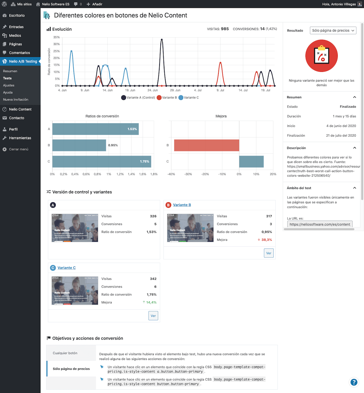 Hasil pengujian gaya CSS untuk situs web versi bahasa Spanyol. Data objektif kedua.