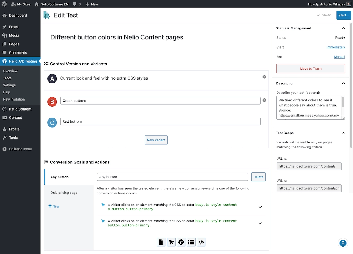 Editor pengujian A/B gaya CSS dengan Pengujian A/B Nelio.