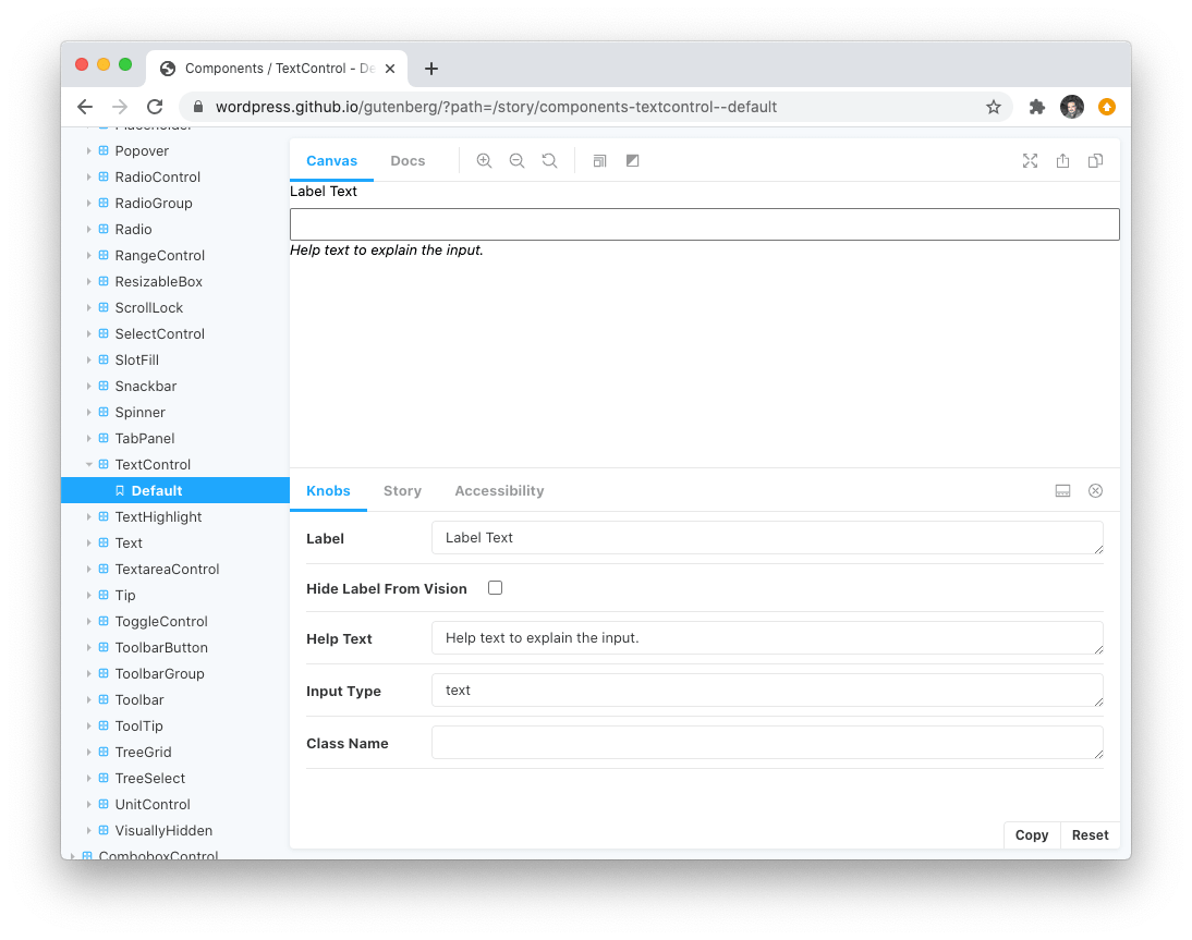 تتيح لك علامة التبويب المقابض في Storybook من Gutenberg اللعب مع خصائص المكونات لمعرفة تأثيرها على التصور الخاص بك.