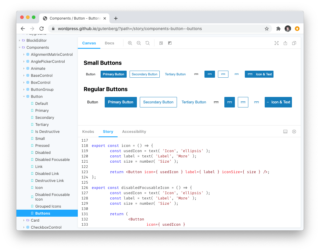 يتيح لك Gutenberg's Storybook استكشاف مكونات React المضمنة ومعرفة كيفية إعادة استخدامها.