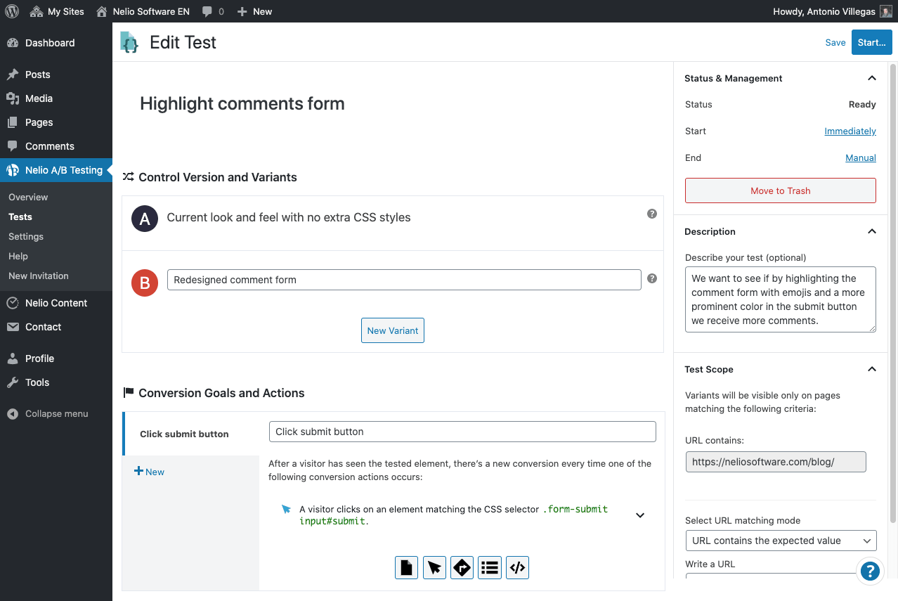 Créer un test A/B pour tester un sous-ensemble de règles CSS supplémentaires est très simple avec Nelio A/B Testing.