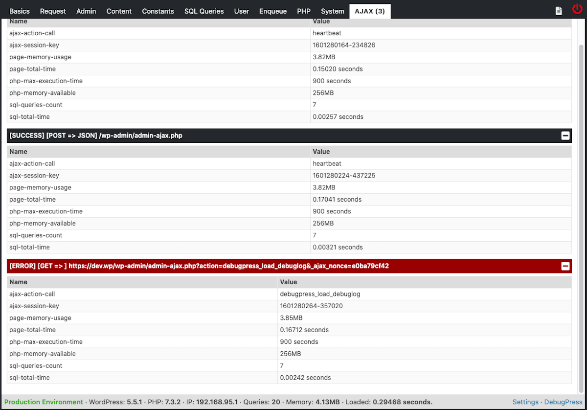 عند محاولة تحميل المعلومات من سجل WordPress ، يعطي DebugPress خطأ يمكننا رؤيته باستخدام DebugPress نفسه.