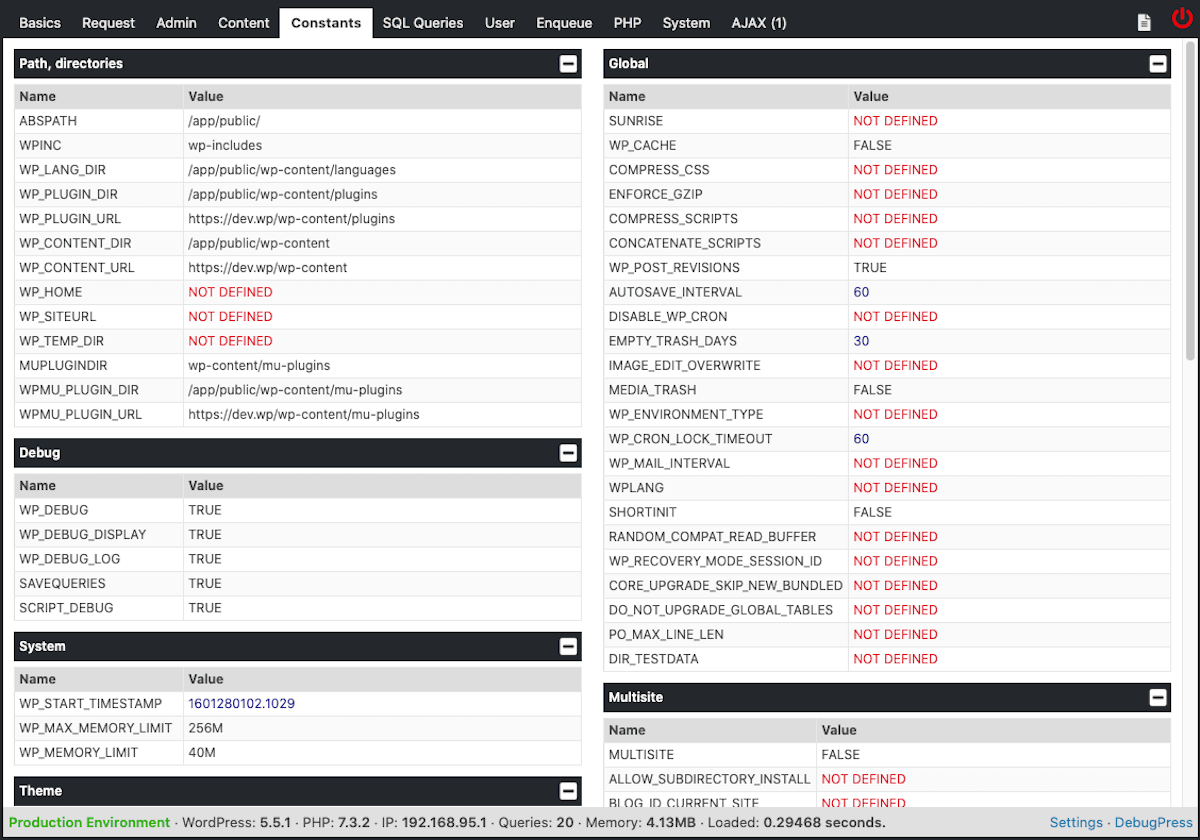 لوحة الثوابت DebugPress.
