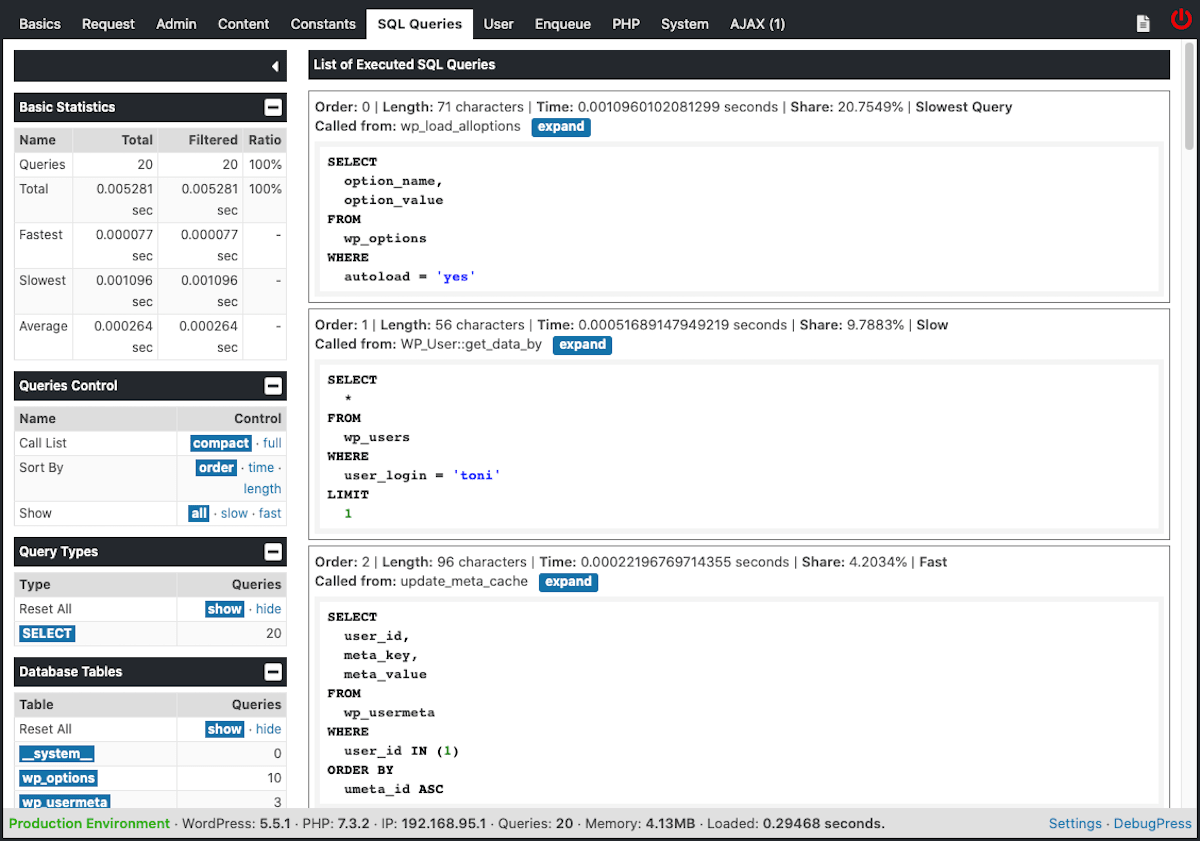 لوحة DebugPress SQL Queries.