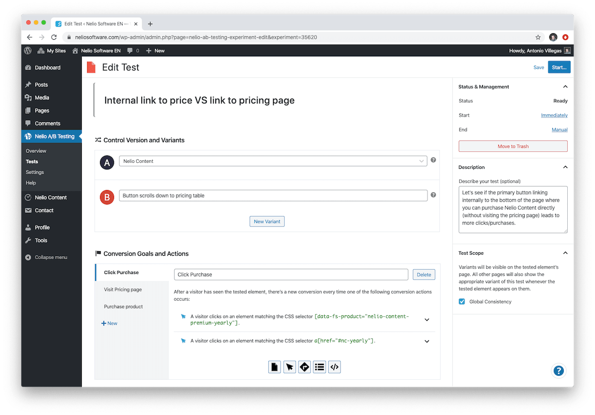 購入ブロックを使用してバージョンをテストするためのページのA/Bテストの作成。