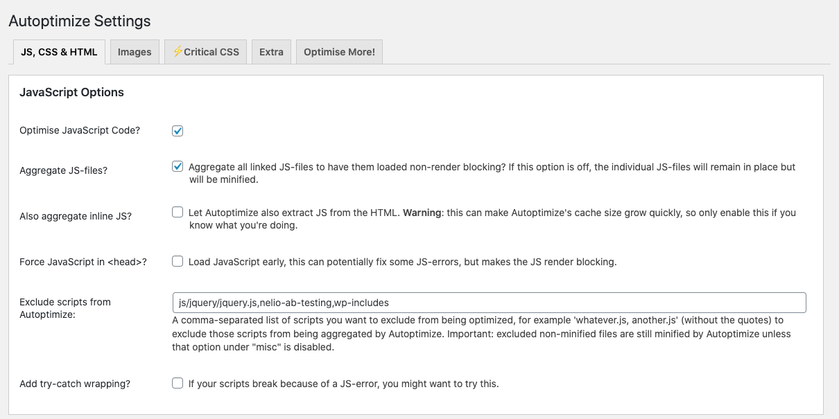 WordPress用のAutoptimizeプラグインの設定画面。ここからスクリプトとスタイルを除外できます。