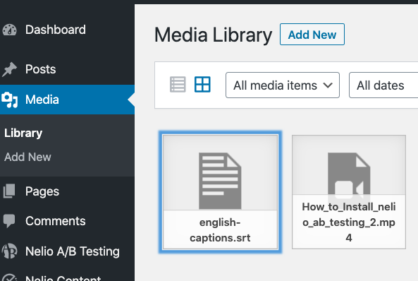 WordPressメディアライブラリから、ビデオと同期するテキストを含むトラックを選択する方法のスクリーンショット