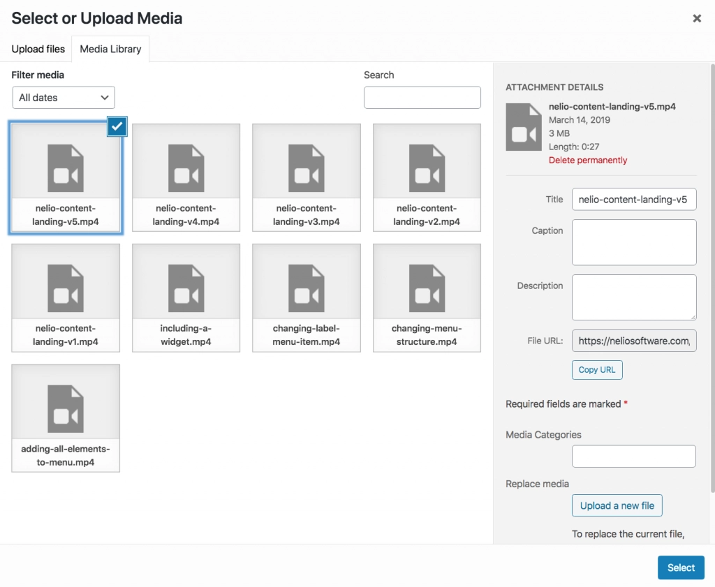 WordPressのメディアライブラリで利用可能なビデオファイルのスクリーンショット