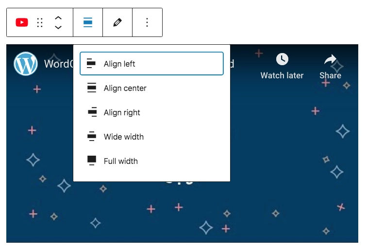YouTubeタイプのブロックのビデオを揃えます。