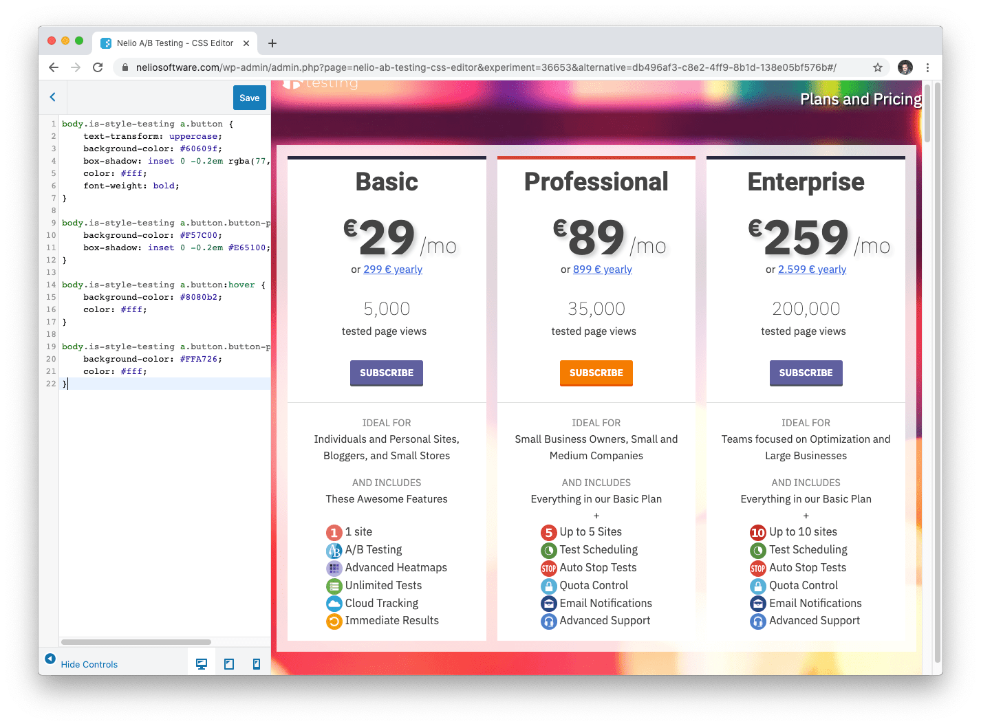 Alternativă la butoanele de pe pagina de prețuri Nelio A/B Testing cu cele mai proeminente culori.