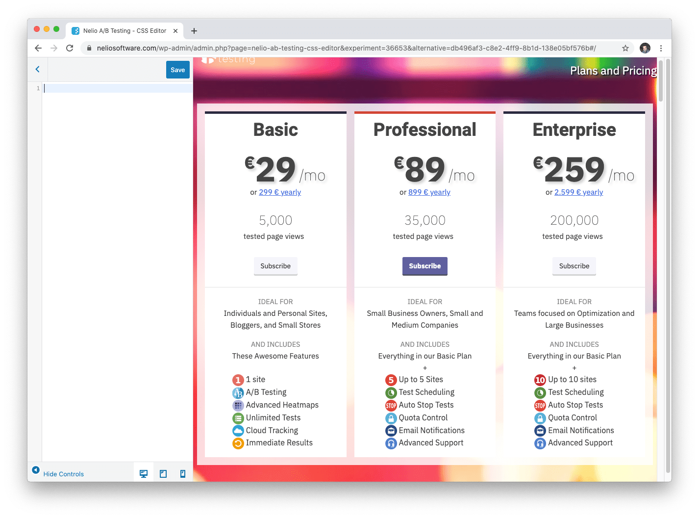Versiunea originală a butoanelor de pe pagina de prețuri Nelio A / B Testing.