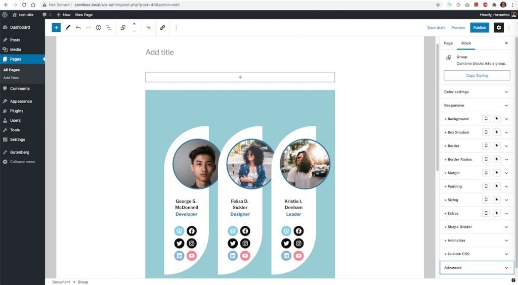 Tangkapan layar pola Gutenberg Hub ditempel