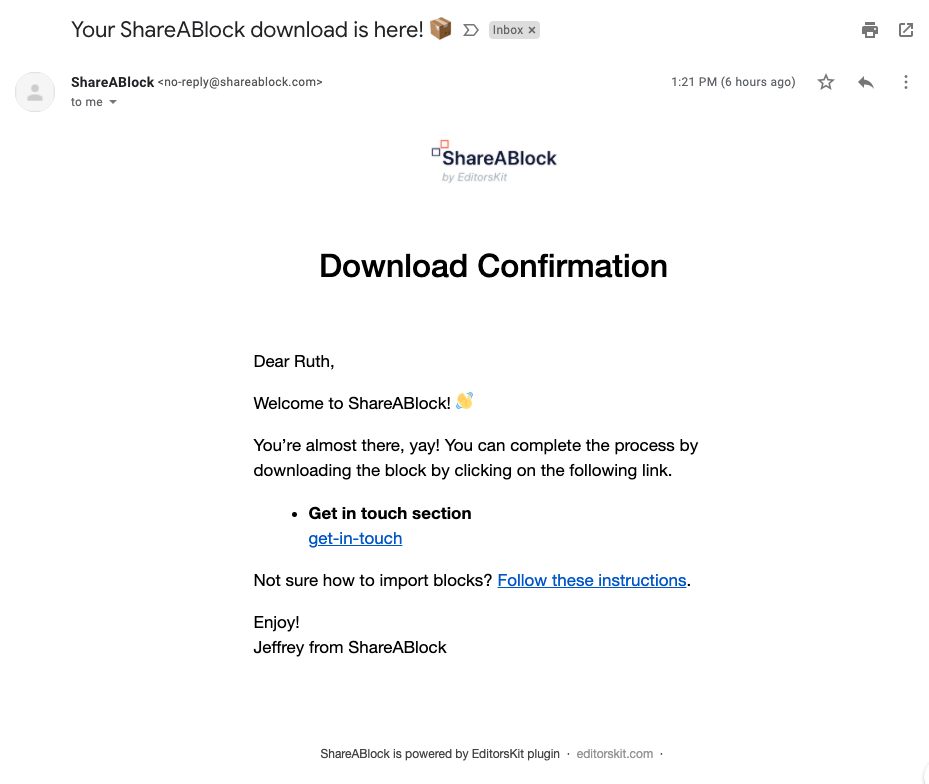 Bagikan blokir email dengan tautan unduhan.