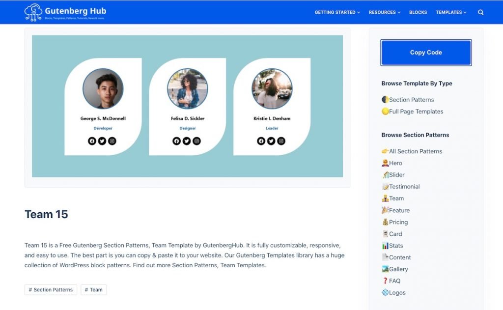 Tangkapan layar cara memilih pola dari Gutenberg Hub