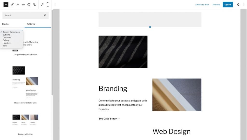 Memasukkan pola di editor Guttenberg