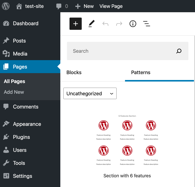 Pola tersedia di editor blok.