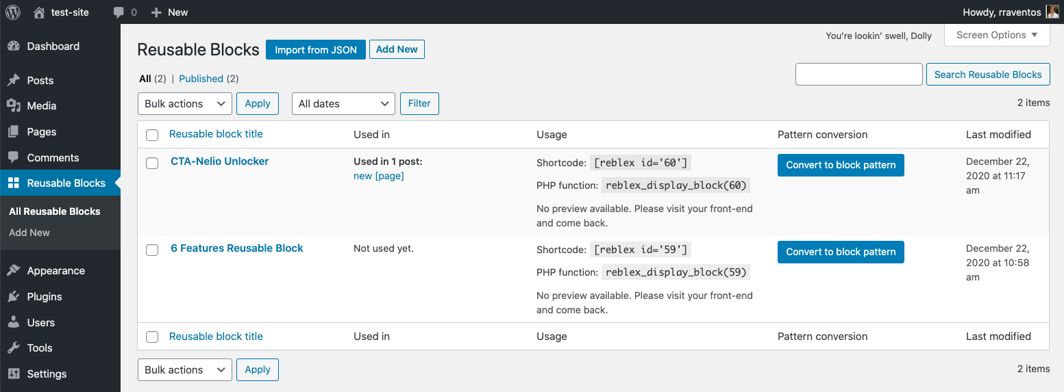 Tangkapan layar dari layar blok yang dapat digunakan kembali di WordPress