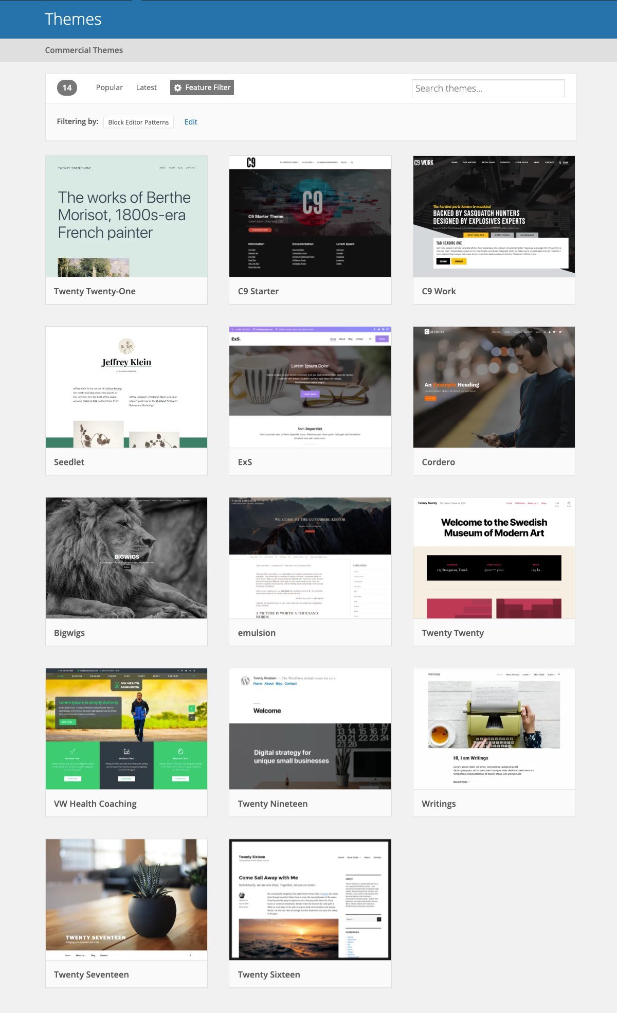 Cuplikan layar layar pencari tema tempat tema difilter berdasarkan dukungannya untuk pola editor blok