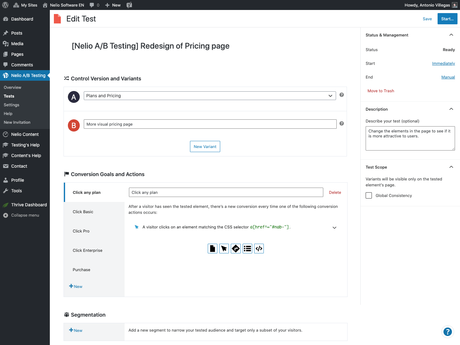 Layar pengeditan tes A / B menggunakan Nelio A / B Testing untuk WordPress.