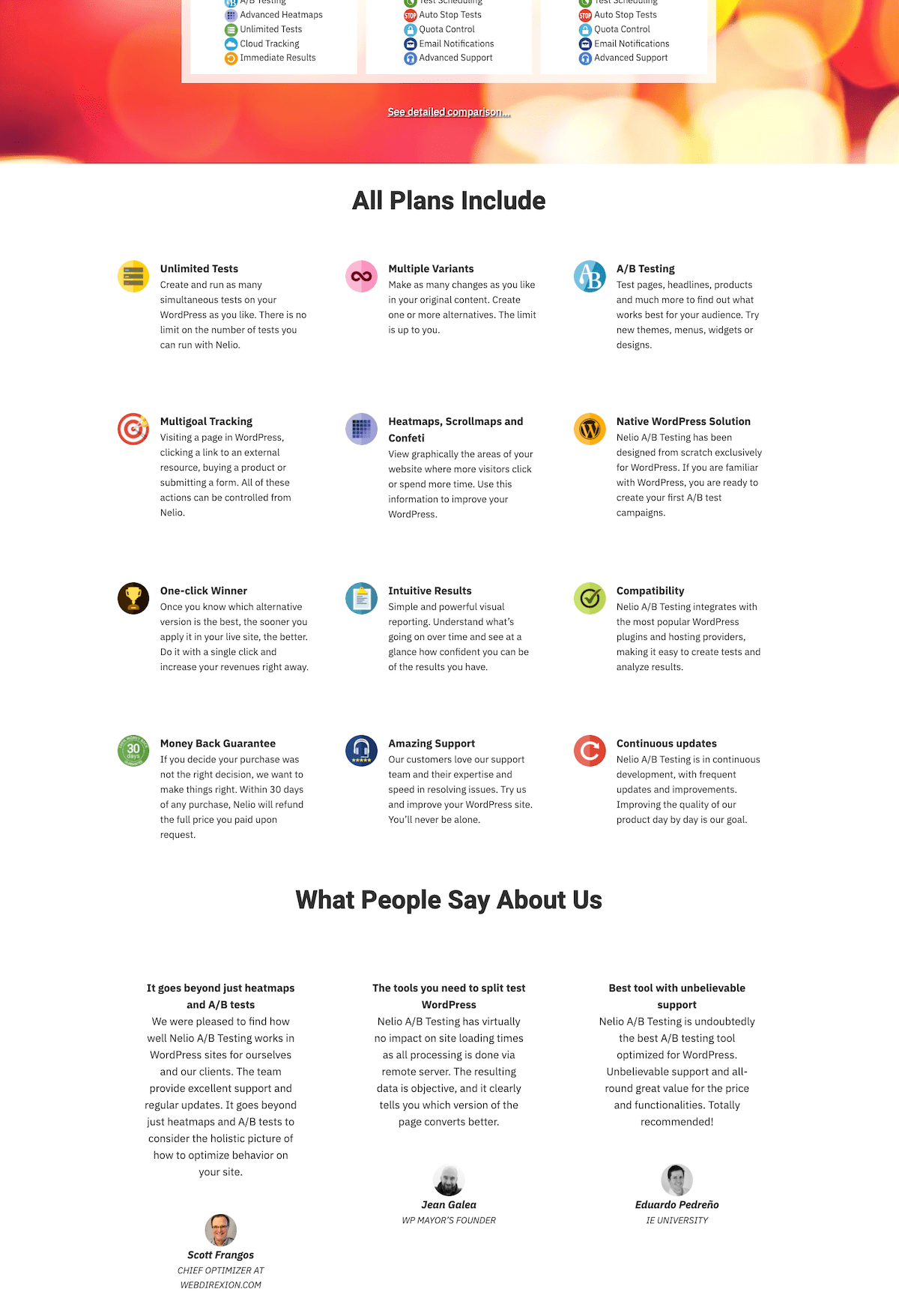 Cuplikan halaman harga dengan daftar fitur dan testimonial.