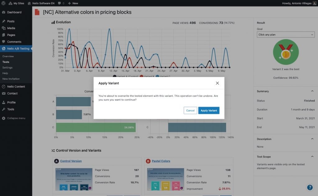 Capture d'écran de l'application de la variante gagnante d'un test A/B